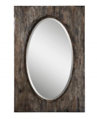 A study in contrasts. An unexpected elegance is achieved when a heavily distressed and burnished wood frame surrounds an elegantly beveled, otherwise sleek surface of the Hitchcock mirror. Hang it vertically (shown), or horizontally, the choice is yours. A study in contrasts. An unexpected elegance is achieved when a heavily distressed and burnished wood frame surrounds an elegantly beveled, otherwise sleek surface of the Hitchcock mirror. Hang it vertically (shown), or horizontally, the choice is yours.