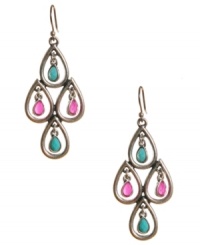 Add a pop of color with these chic chandelier earrings. Lucky Brand's vibrant style combines turquoise and pink plastic stones in a delicate silver tone mixed metal setting. Approximate drop: 1-3/4 inches. Add a pop of color with these chic chandelier earrings. Lucky Brand's vibrant style combines turquoise and pink plastic stones in a delicate silver tone mixed metal setting. Approximate drop: 1-3/4 inches.