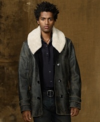 A vintage military style blends with luxurious elements of distressed leather and shearling to create this sophisticated pea coat. A vintage military style blends with luxurious elements of distressed leather and shearling to create this sophisticated pea coat.