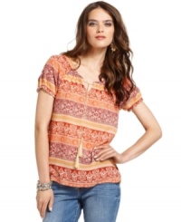 Punctuate denim in this vibrant Lucky Brand Jeans look, featuring a Moroccan-inspired print and bohemian peasant-top styling. Pair it with your favorite jewelry for a laid-back look this summer. Punctuate denim in this vibrant Lucky Brand Jeans look, featuring a Moroccan-inspired print and bohemian peasant-top styling. Pair it with your favorite jewelry for a laid-back look this summer.