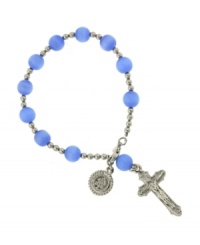 Show your devotion in this rosary-themed style by Vatican. Bracelet features a crucifix and a Vatican Library Collection engraved charm in silver tone mixed metal, highlighting blue cat's eye beads. Approximate length: 7 inches. Show your devotion in this rosary-themed style by Vatican. Bracelet features a crucifix and a Vatican Library Collection engraved charm in silver tone mixed metal, highlighting blue cat's eye beads. Approximate length: 7 inches.