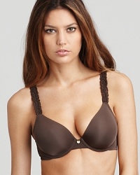 Contour underwire bra with lace adjustable straps. Small goldtone charm with logo detail at center front. Hook and eye closure. Style #136001 Contour underwire bra with lace adjustable straps. Small goldtone charm with logo detail at center front. Hook and eye closure. Style #136001