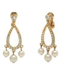 These dazzling Monet clip on earrings are an easy way to add an element of drama to your look. In gold tone mixed metal with glass pearls and crystal accents. Approximate drop: 1-1/2 inches. These dazzling Monet clip on earrings are an easy way to add an element of drama to your look. In gold tone mixed metal with glass pearls and crystal accents. Approximate drop: 1-1/2 inches.