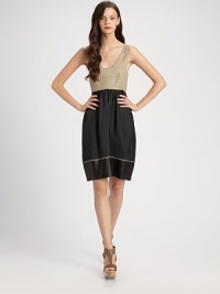 A sculptural bodice and sweetly gathered skirt, offset by a bold strip of leather trim at the hem.Squared-off V neckSleevelessGathered empire waistLeather trimConcealed side zipAbout 24 from natural waist80% viscose/20% silkDry cleanMade in Italy of imported fabricModel shown is 5'9½ (176cm) wearing US size 4. A sculptural bodice and sweetly gathered skirt, offset by a bold strip of leather trim at the hem.Squared-off V neckSleevelessGathered empire waistLeather trimConcealed side zipAbout 24 from natural waist80% viscose/20% silkDry cleanMade in Italy of imported fabricModel shown is 5'9½ (176cm) wearing US size 4.