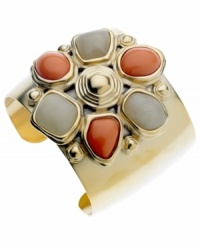 Inspire your look with something a little exotic. T Tahari's intricate cuff bracelet features coral and sand-colored resin beads in a pretty floral pattern. Set in gold tone mixed metal. Base metal is nickel free for sensitive skin. Approximate diameter: 2-1/4 inches. Inspire your look with something a little exotic. T Tahari's intricate cuff bracelet features coral and sand-colored resin beads in a pretty floral pattern. Set in gold tone mixed metal. Base metal is nickel free for sensitive skin. Approximate diameter: 2-1/4 inches.