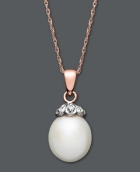 Polished perfection. This classic pendant features a cultured freshwater pearl (9-10 mm) capped with sparkling diamond accents. Setting and chain crafted in 14k rose gold. Approximate length: 18 inches. Approximate drop: 3/4 inch.