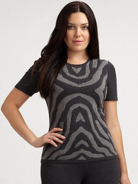 Delicate Swarovski crystals adorn the printed front of this knit top. Pair this style with your favorite dark denim jeans. Round neckShort sleevesSwarovski detailsPrinted frontPull-on styleAbout 23 from natural waist95% wool/3% polyester/2% Lycra®Dry cleanMade in Italy Delicate Swarovski crystals adorn the printed front of this knit top. Pair this style with your favorite dark denim jeans. Round neckShort sleevesSwarovski detailsPrinted frontPull-on styleAbout 23 from natural waist95% wool/3% polyester/2% Lycra®Dry cleanMade in Italy