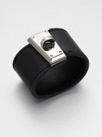 A wide leather style with a chic, logo engraved turnlock closure. LeatherSilver-plated brassLength, about 8Turnlock closureImported A wide leather style with a chic, logo engraved turnlock closure. LeatherSilver-plated brassLength, about 8Turnlock closureImported