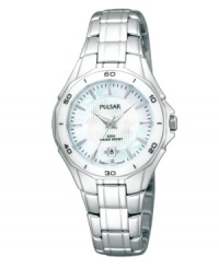 Take your everyday garb up a grade with this sleek timepiece from Pulsar. Crafted of stainless steel bracelet and round stainless steel case with white ceramic bezel with numerals and stick indices. Mother-of-pearl dial features applied silver-tone stick indices at markers, minute track, date window at six o'clock, three hands and logo at twelve o'clock. Quartz movement. Water resistant to 50 meters. Three-year limited warranty. Take your everyday garb up a grade with this sleek timepiece from Pulsar. Crafted of stainless steel bracelet and round stainless steel case with white ceramic bezel with numerals and stick indices. Mother-of-pearl dial features applied silver-tone stick indices at markers, minute track, date window at six o'clock, three hands and logo at twelve o'clock. Quartz movement. Water resistant to 50 meters. Three-year limited warranty.