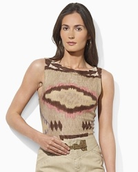 Finished in a bold pattern, a classic sleeveless top is woven in lightweight linen.