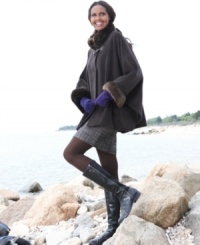 Cozy up to Jones New York's chic wool-angora-blend cape! Luxurious faux-fur trim and a swingy silhouette give it extra style appeal. Cozy up to Jones New York's chic wool-angora-blend cape! Luxurious faux-fur trim and a swingy silhouette give it extra style appeal.
