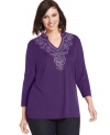 For sophisticated casual style, snag Karen Scott's embroidered plus size kurta top-- it's a perfect match with jeans.