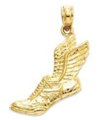 Cross the finish line in style. This sporty running shoe and wings charm is perfect for the aspiring Carl Lewis. Crafted in textured 14k gold. Chain not included. Approximate length: 1 inch. Approximate width: 3/5 inch.