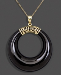 Let style come full circle in this elegant and timeless pendant. A cut-out onyx circle (30 mm) creates a bold statement in an intricate 14k gold setting. Approximate length: 18 inches. Approximate drop: 1-1/2 inches. Let style come full circle in this elegant and timeless pendant. A cut-out onyx circle (30 mm) creates a bold statement in an intricate 14k gold setting. Approximate length: 18 inches. Approximate drop: 1-1/2 inches.