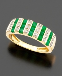 Adorn yourself with excitement. This ring features stunning stripes of round-cut diamonds (1/10 ct. t.w.) and princess-cut emeralds (9/10 ct. t.w.) set in 14k gold. Adorn yourself with excitement. This ring features stunning stripes of round-cut diamonds (1/10 ct. t.w.) and princess-cut emeralds (9/10 ct. t.w.) set in 14k gold.