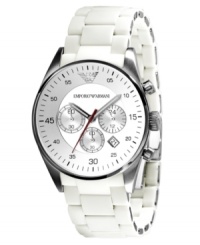 Crisp, clean style by Emporio Armani. This watch features a white silicone-wrapped stainless steel bracelet and round case. White chronograph dial with black indices and numerals, logo, date window and three subdials. Analog movement. Water resistant to 50 meters. Two-year limited warranty. Crisp, clean style by Emporio Armani. This watch features a white silicone-wrapped stainless steel bracelet and round case. White chronograph dial with black indices and numerals, logo, date window and three subdials. Analog movement. Water resistant to 50 meters. Two-year limited warranty.