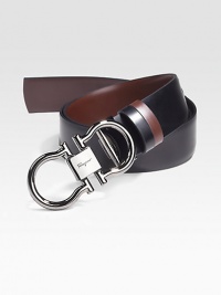 Smooth Italian leather with signature buckle. Gunmetal double gancini closure About 1½ wide Made in Italy Smooth Italian leather with signature buckle. Gunmetal double gancini closure About 1½ wide Made in Italy