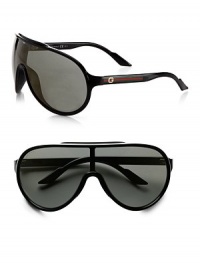 A superior shield design in lightweight plastic with signature logo temple detail. Available in shiny black frames with gray mirror lenses.Plastic100% UV ProtectionMade in Italy A superior shield design in lightweight plastic with signature logo temple detail. Available in shiny black frames with gray mirror lenses.Plastic100% UV ProtectionMade in Italy