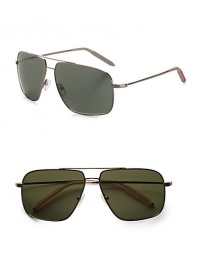 Oversized aviators with double-bridge detail and injected silicone temple tips. Available in gold frames with mineral glass green lenses and chrome frames with mineral glass grey lenses. Metal frames 100% UV protective Imported 