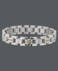 Sleek style for the sophisticated man. This modern link bracelet combines stainless steel, 14k gold, and round-cut diamonds (1/6 ct. t.w.) for ultimate polish. Approximate length: 8-1/2 inches. Approximate width: 3/8 inch. Sleek style for the sophisticated man. This modern link bracelet combines stainless steel, 14k gold, and round-cut diamonds (1/6 ct. t.w.) for ultimate polish. Approximate length: 8-1/2 inches. Approximate width: 3/8 inch.