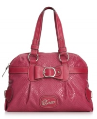 This ladylike silhouette from XOXO gets an alluring upgrade with faux lizard-embossed pattern and high-shine hardware. An eye-catching buckle and bow detail adorn the front, while the well-organized interior lets your carry all your essentials with ease. This ladylike silhouette from XOXO gets an alluring upgrade with faux lizard-embossed pattern and high-shine hardware. An eye-catching buckle and bow detail adorn the front, while the well-organized interior lets your carry all your essentials with ease.