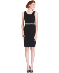 A beautiful waistband full of beads and jeweled trim adds a touch of sparkle to Kasper's elegant sheath dress. A beautiful waistband full of beads and jeweled trim adds a touch of sparkle to Kasper's elegant sheath dress.