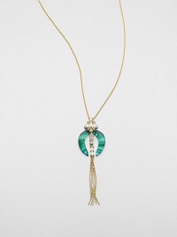 From the Lucite Teatro Moderne Collection. Two graceful cresents of hand-painted, hand-sculpted Lucite, with the rich coloration of malachite, are embellished with faceted Swarovski crystals that hold a golden chain tassel.CrystalLuciteGoldtoneChain length, about 32Lobster claspMade in USA