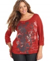 Pair your favorite jeans with Style&co.'s three-quarter-sleeve plus size top, featuring an embellished print.