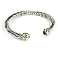 14k Gold and White Gold Rhodium Bonded Twisted Cable Cuff Bangle With CZ Accents in Silvertone 14k Gold and White Gold Rhodium Bonded Twisted Cable Cuff Bangle With CZ Accents in Silvertone