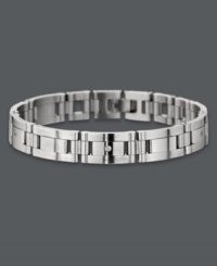 Give him a perfectly polished gift. This structured men's bracelet features a rectangular link design accented by sparkling round-cut diamonds (1/8 ct. t.w.). Crafted in stainless steel. Approximate length: 8-1/2 inches. Approximate width: 1/2 inch. Give him a perfectly polished gift. This structured men's bracelet features a rectangular link design accented by sparkling round-cut diamonds (1/8 ct. t.w.). Crafted in stainless steel. Approximate length: 8-1/2 inches. Approximate width: 1/2 inch.