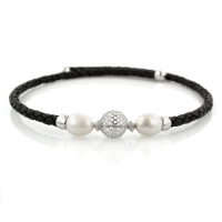 Sterling Silver Openwork Bead and Black Leatherette Freshwater Cultured Pearl Choker Necklace, 17.75 Sterling Silver Openwork Bead and Black Leatherette Freshwater Cultured Pearl Choker Necklace, 17.75
