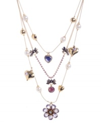 Sweetly chic. Betsey Johnson's ultra-feminine illusion necklace combines petite heart and flower charms in a three-tier design. Crafted in antique gold-plated mixed metal with pink, purple and blue crystals and glass pearl accents. Approximate length: 16 inches + 3-inch extender. Approximate drop: 4 inches. Sweetly chic. Betsey Johnson's ultra-feminine illusion necklace combines petite heart and flower charms in a three-tier design. Crafted in antique gold-plated mixed metal with pink, purple and blue crystals and glass pearl accents. Approximate length: 16 inches + 3-inch extender. Approximate drop: 4 inches.
