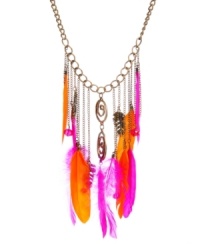 Stir up some drama. The hot combination of fuchsia and orange feathers on Haskell's frontal drama necklace make it a-must for every fashionistas collection. Set in brass-plated mixed metal. Approximate length: 30 inches + 3-inch extender. Approximate drop: 6-3/4 inches. Stir up some drama. The hot combination of fuchsia and orange feathers on Haskell's frontal drama necklace make it a-must for every fashionistas collection. Set in brass-plated mixed metal. Approximate length: 30 inches + 3-inch extender. Approximate drop: 6-3/4 inches.