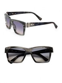 A classic shape in glossy resin accented with sparkling Swarovski crystals. Available in shiny striped grey with smoke gradient lens or shiny black with smoke lens. Swarovski crystal accented hinges and temples100% UV protectionMade in Italy 