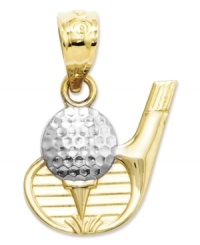 A hole in one! This sporty golf club and golf ball charm is perfect for the aspiring Tiger Woods. Crafted in 14k gold and sterling silver. Chain not included. Approximate length: 3/5 inch. Approximate width: 1/2 inch. A hole in one! This sporty golf club and golf ball charm is perfect for the aspiring Tiger Woods. Crafted in 14k gold and sterling silver. Chain not included. Approximate length: 3/5 inch. Approximate width: 1/2 inch.