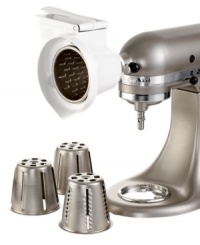 Streamline your food preparation time with the powerful KitchenAid Rotor Slicer/Shredder Attachment. Attaching to any KitchenAid mixer, it includes four cones, for fine and coarse shredding, and thick and thin slicing. Style#RVSA. Carries KitchenAid's hassle-free total replacement warranty as well as a 1-year full warranty. Streamline your food preparation time with the powerful KitchenAid Rotor Slicer/Shredder Attachment. Attaching to any KitchenAid mixer, it includes four cones, for fine and coarse shredding, and thick and thin slicing. Style#RVSA. Carries KitchenAid's hassle-free total replacement warranty as well as a 1-year full warranty.