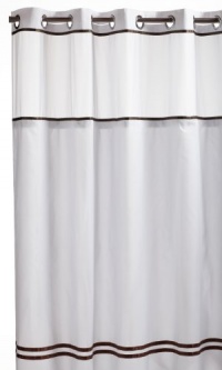 Hookless Escape Built in Peva liner Fabric Shower Curtain, White/Brown Hookless Escape Built in Peva liner Fabric Shower Curtain, White/Brown