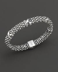 Five stations on the sterling silver Caviar™ beaded oval rope bracelet, designed by Lagos. Five stations on the sterling silver Caviar™ beaded oval rope bracelet, designed by Lagos.