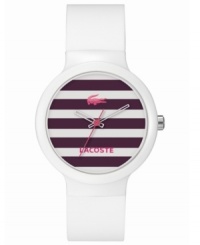 80's retro comes back with the vibrant colors and preppy stripes of this unisex Goa watch by Lacoste. 80's retro comes back with the vibrant colors and preppy stripes of this unisex Goa watch by Lacoste.