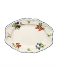 The Cottage Inn oval platter is a colorful addition to the sophisticated table. Lush, dancing clusters of ripened blueberries, raspberries and cherries are a stunning contrast on creamy white porcelain and lend every meal a touch of traditional elegance. The Cottage Inn oval platter is a colorful addition to the sophisticated table. Lush, dancing clusters of ripened blueberries, raspberries and cherries are a stunning contrast on creamy white porcelain and lend every meal a touch of traditional elegance.