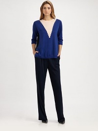 This graphically knit style features bold panels of color and a hint of cashmere for extra softness.Rib-knit crewneck, cuffs and hemlineThree-quarter sleeves55% cotton/38% silk/7% cashmereDry cleanImportedModel shown is 5'11 (180cm) wearing US size Small. This graphically knit style features bold panels of color and a hint of cashmere for extra softness.Rib-knit crewneck, cuffs and hemlineThree-quarter sleeves55% cotton/38% silk/7% cashmereDry cleanImportedModel shown is 5'11 (180cm) wearing US size Small.