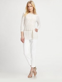 Intricate crochet meets a luxurious combination of cotton and silk to create the quintessential sweater, with a bohemian, braided belt.BoatneckThree-quarter sleevesBraided, self-tie beltAbout 24 from shoulder to hem79% cotton/18% viscose/3% silkDry cleanImported Model shown is 5'10 (177cm) wearing US size Small. 