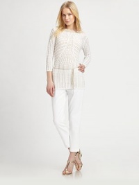 Intricate crochet meets a luxurious combination of cotton and silk to create the quintessential sweater, with a bohemian, braided belt.BoatneckThree-quarter sleevesBraided, self-tie beltAbout 24 from shoulder to hem79% cotton/18% viscose/3% silkDry cleanImported Model shown is 5'10 (177cm) wearing US size Small. Intricate crochet meets a luxurious combination of cotton and silk to create the quintessential sweater, with a bohemian, braided belt.BoatneckThree-quarter sleevesBraided, self-tie beltAbout 24 from shoulder to hem79% cotton/18% viscose/3% silkDry cleanImported Model shown is 5'10 (177cm) wearing US size Small.