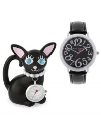 Never lose track of time with this adorable watch set. Includes a small clock in a cat silhouette with a 26mm dial. Never lose track of time with this adorable watch set. Includes a small clock in a cat silhouette with a 26mm dial.
