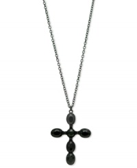 Have a little faith. This jet stone embellished pendant necklace from GUESS lends intrigue with a cross design. Crafted in jet plated mixed metal. Approximate length: 30 inches + 2-inch extender. Approximate drop: 2-1/2 inches. Have a little faith. This jet stone embellished pendant necklace from GUESS lends intrigue with a cross design. Crafted in jet plated mixed metal. Approximate length: 30 inches + 2-inch extender. Approximate drop: 2-1/2 inches.