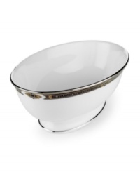 For nearly 150 years, Lenox has been renowned throughout the world as a premier designer and manufacturer of fine china. The Vintage Jewel pattern from Lenox's dinnerware and dishes collection evokes a more gracious era, combining pure white bone china with a dark, richly patterned band of muted gold, taupe, charcoal, and black, and accented with subtle touches of cobalt blue. For nearly 150 years, Lenox has been renowned throughout the world as a premier designer and manufacturer of fine china. The Vintage Jewel pattern from Lenox's dinnerware and dishes collection evokes a more gracious era, combining pure white bone china with a dark, richly patterned band of muted gold, taupe, charcoal, and black, and accented with subtle touches of cobalt blue.