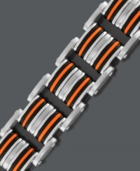 You're known for your athleticism and good sense of style. Channel both with this edgy bike chain bracelet. Crafted in stainless steel with orange and black rubber accents. Approximate length: 8-1/2 inches. You're known for your athleticism and good sense of style. Channel both with this edgy bike chain bracelet. Crafted in stainless steel with orange and black rubber accents. Approximate length: 8-1/2 inches.