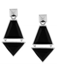 Let your style soar this season. Vince Camuto's geometrically-chic earrings feature a kite-shaped design with black stones and silver tone pyramid studs at post. Crafted in silver tone mixed metal. Approximate drop: 2-1/2 inches.