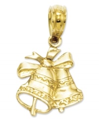 Ding dong, Christmas is here! Wear these bells to salute the season. Double bell and ribbon charm is crafted in 14k gold. Chain not included. Approximate length: 3/5 inch. Approximate width: 2/5 inch. Ding dong, Christmas is here! Wear these bells to salute the season. Double bell and ribbon charm is crafted in 14k gold. Chain not included. Approximate length: 3/5 inch. Approximate width: 2/5 inch.
