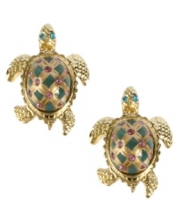 Slow and steady wins the race. Move at your own pace with these darling turtle studs by Betsey Johnson. Earrings boast a green-colored shell with pink-colored crystal accents and blue crystal eyes. Crafted in antique gold tone mixed metal. Approximate drop: 3/4 inch. Slow and steady wins the race. Move at your own pace with these darling turtle studs by Betsey Johnson. Earrings boast a green-colored shell with pink-colored crystal accents and blue crystal eyes. Crafted in antique gold tone mixed metal. Approximate drop: 3/4 inch.